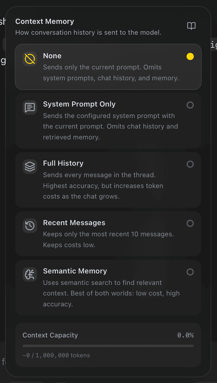 EidoStack Context Memory settings with the None strategy selected.