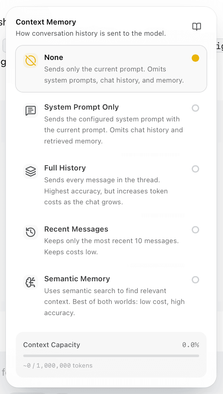 EidoStack Context Memory settings with the None strategy selected.
