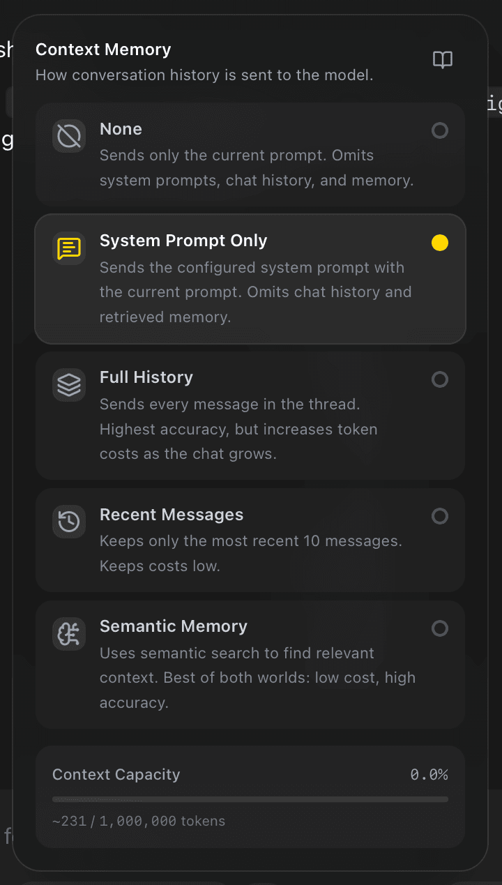 EidoStack Context Memory settings with the System Prompt Only strategy selected.