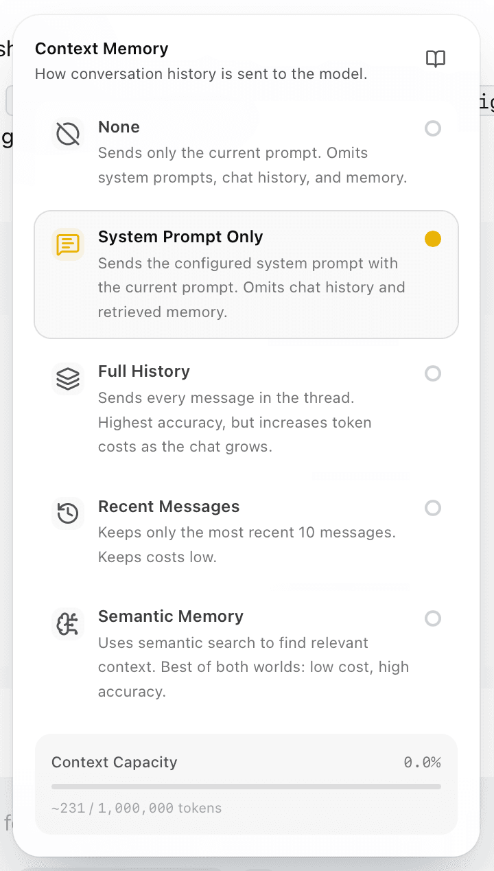 EidoStack Context Memory settings with the System Prompt Only strategy selected.