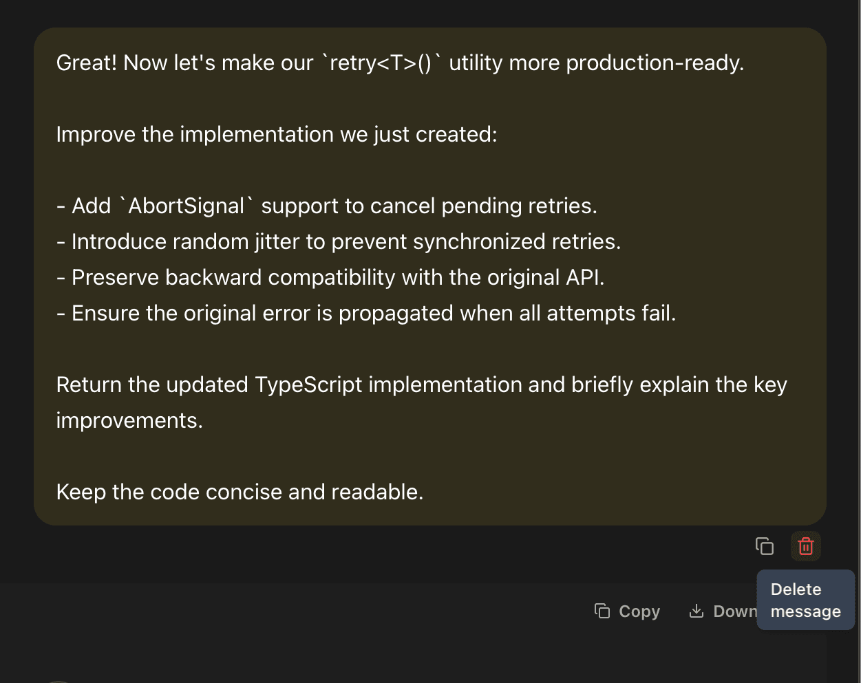 Delete message control highlighted in EidoStack chat.