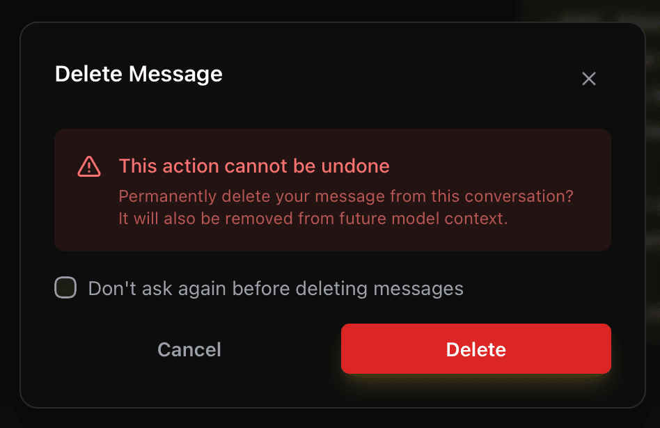 EidoStack delete message confirmation dialog explaining that the message will be removed from future model context.