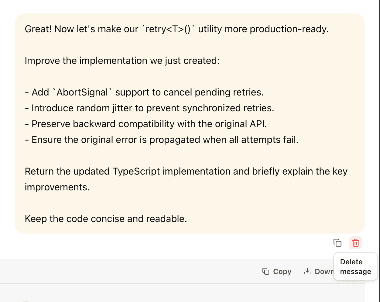 Delete message control highlighted in EidoStack chat.