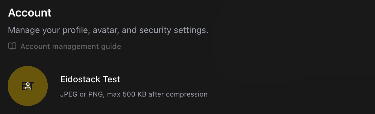 EidoStack Profile settings showing avatar upload and removal controls.