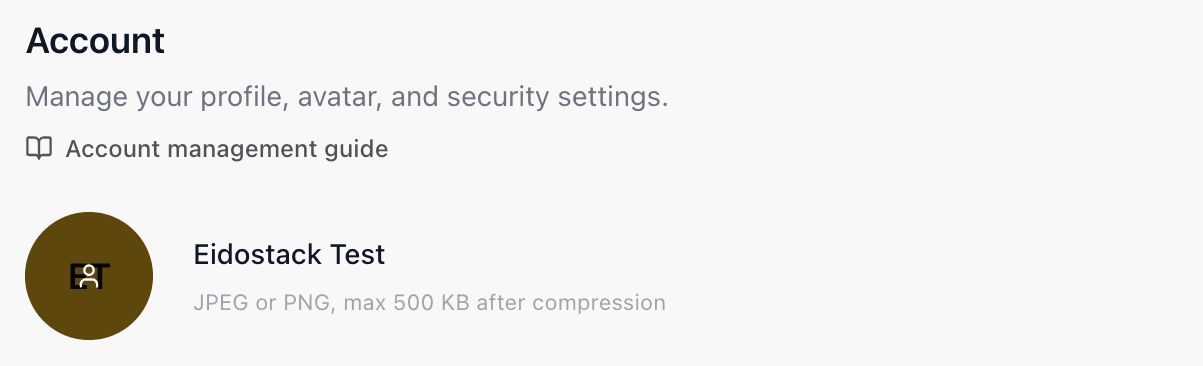 EidoStack Profile settings showing avatar upload and removal controls.