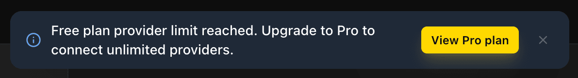 EidoStack warning toast showing that the Free plan provider limit was reached.