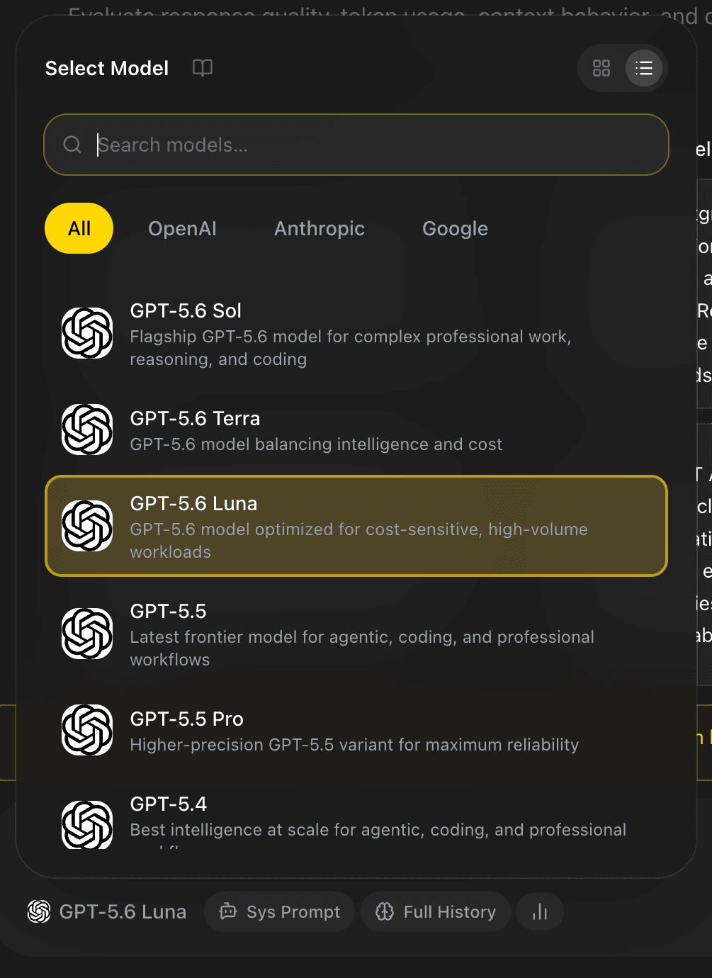 EidoStack chat workspace model selector showing provider filters and available models.