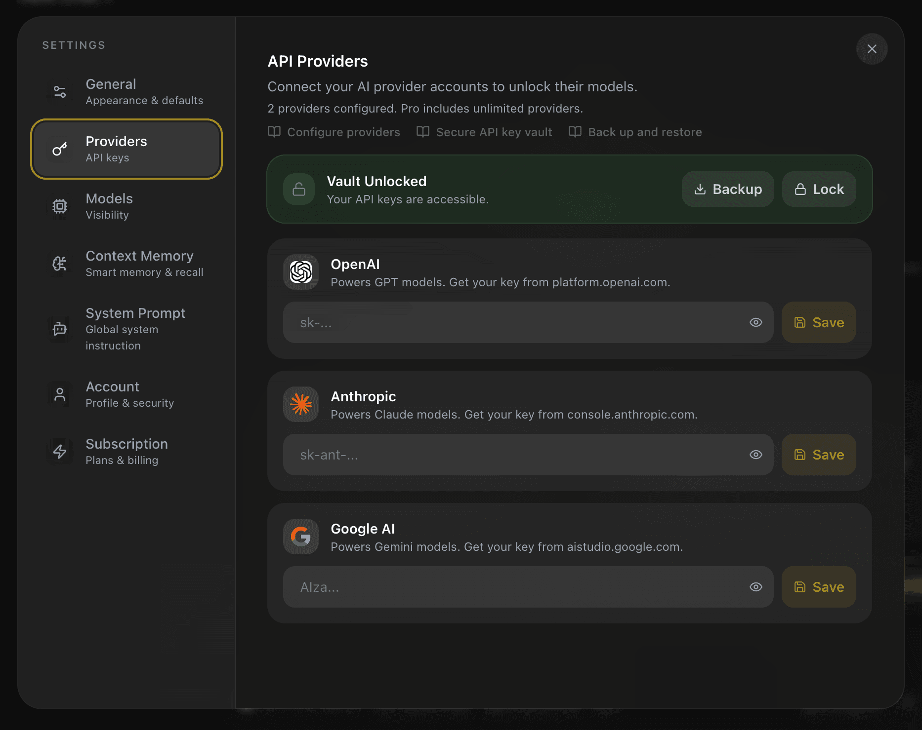 EidoStack settings navigation with the Providers tab selected.