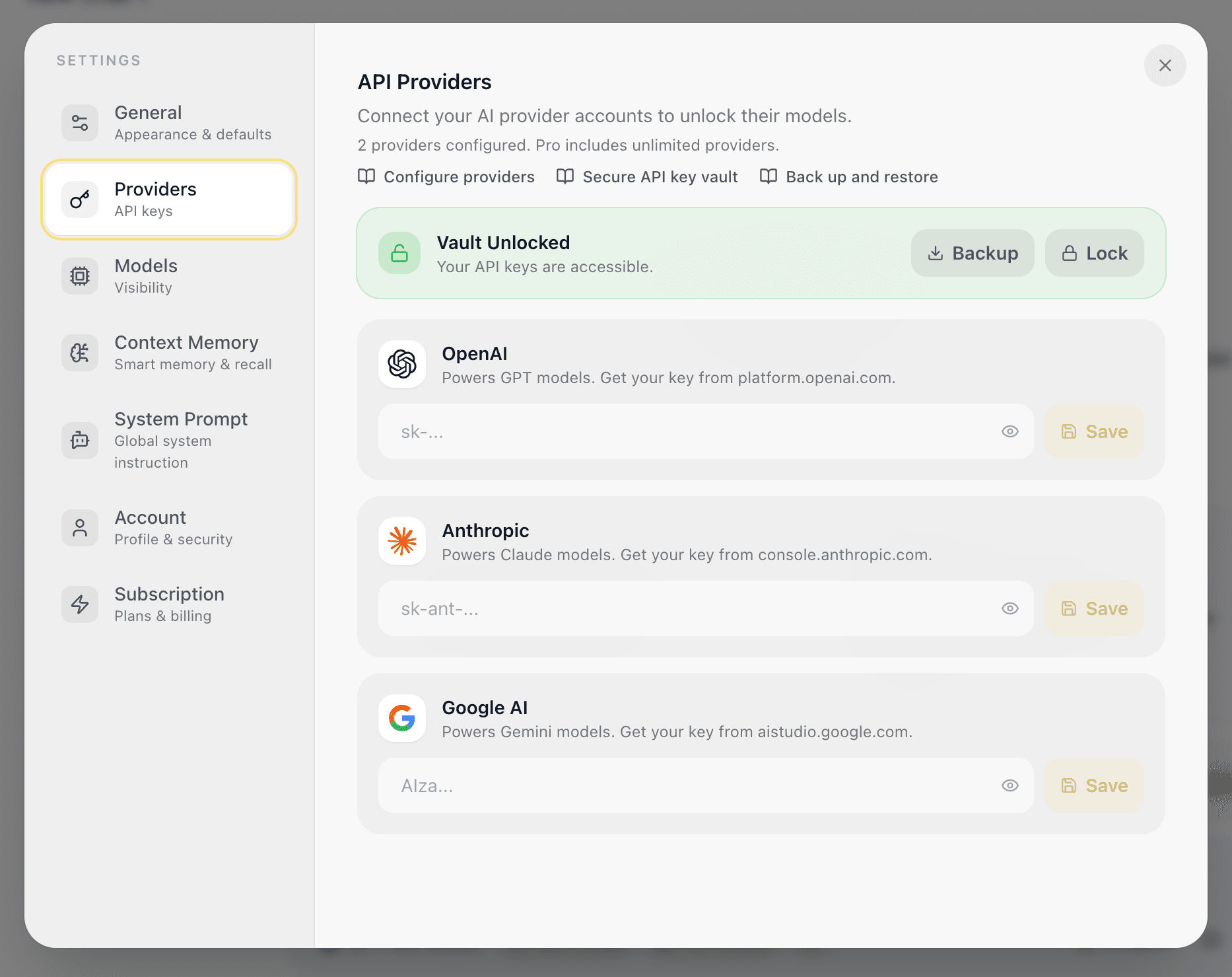 EidoStack settings navigation with the Providers tab selected.