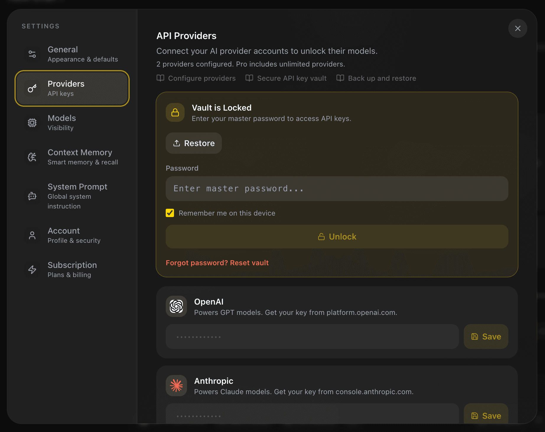 EidoStack Providers settings showing a locked browser vault.