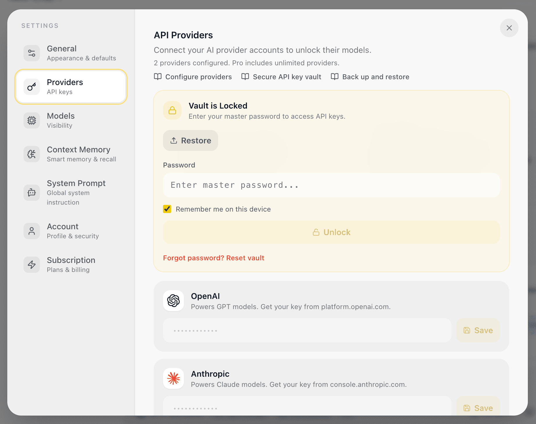 EidoStack Providers settings showing a locked browser vault.