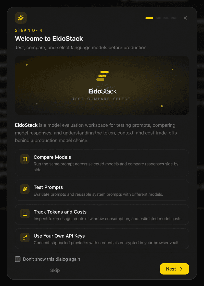 EidoStack welcome dialog showing the four-step workspace setup flow.