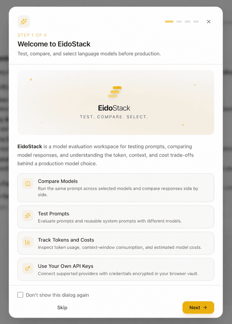 EidoStack welcome dialog showing the four-step workspace setup flow.