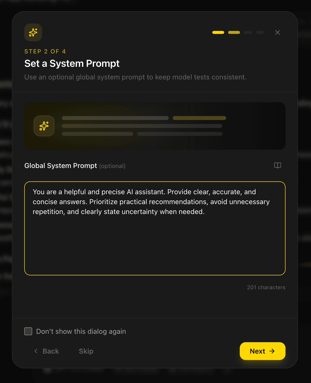 EidoStack welcome dialog showing the optional Global System Prompt step.