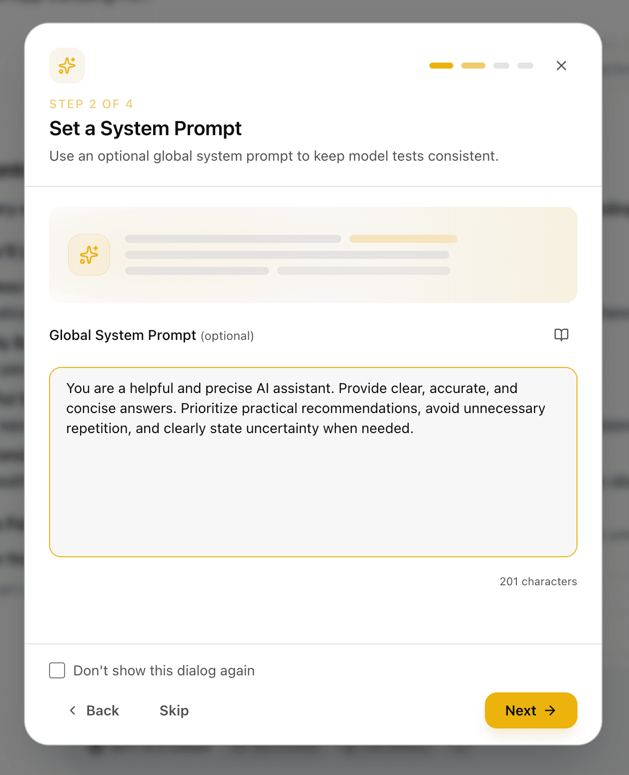 EidoStack welcome dialog showing the optional Global System Prompt step.