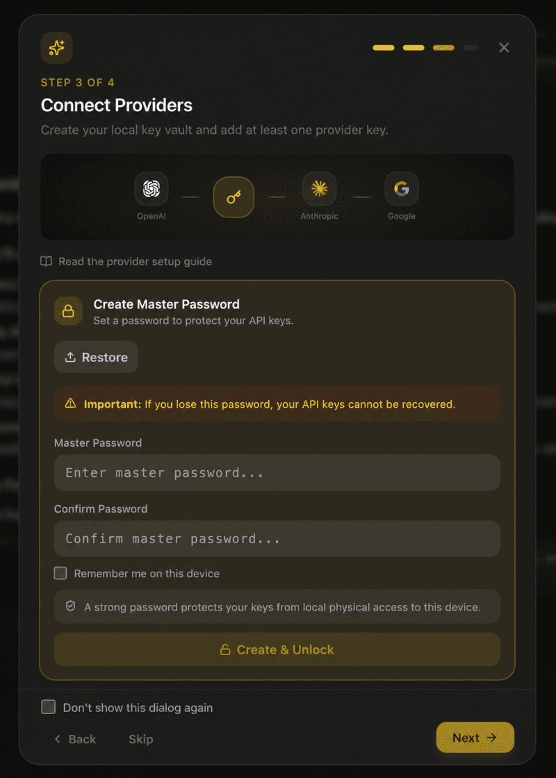 EidoStack welcome dialog showing the Create Master Password step.