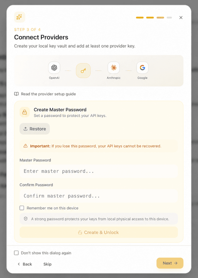 EidoStack welcome dialog showing the Create Master Password step.