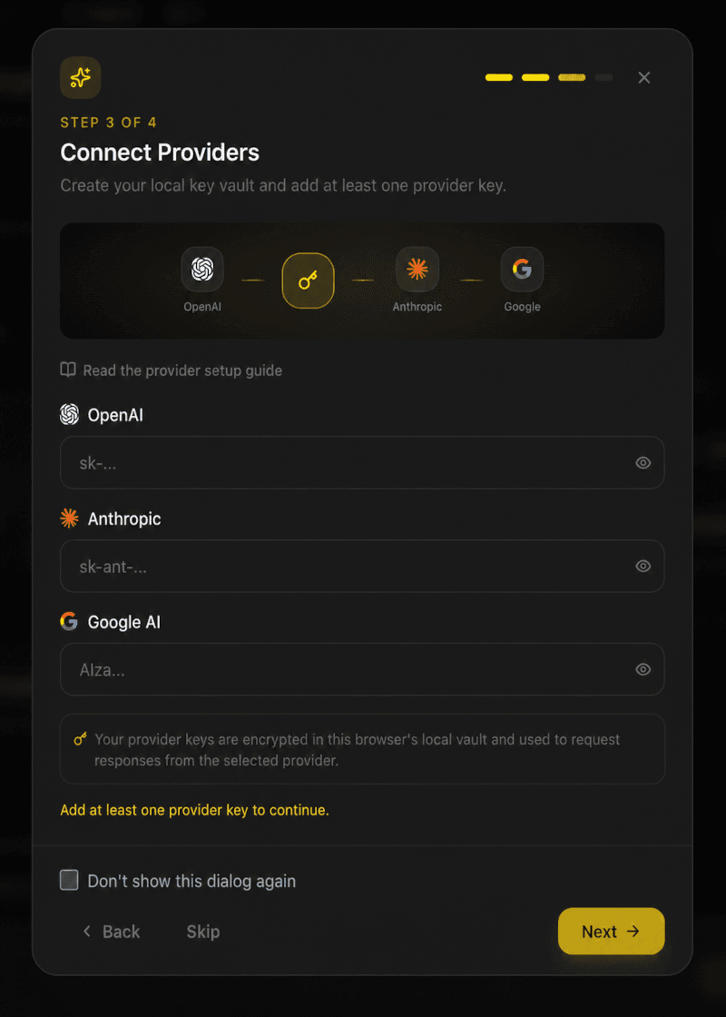 EidoStack welcome dialog showing the provider-key fields.