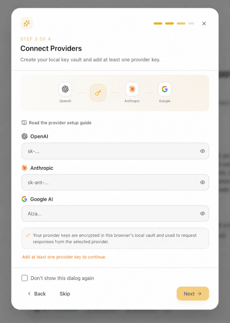 EidoStack welcome dialog showing the provider-key fields.