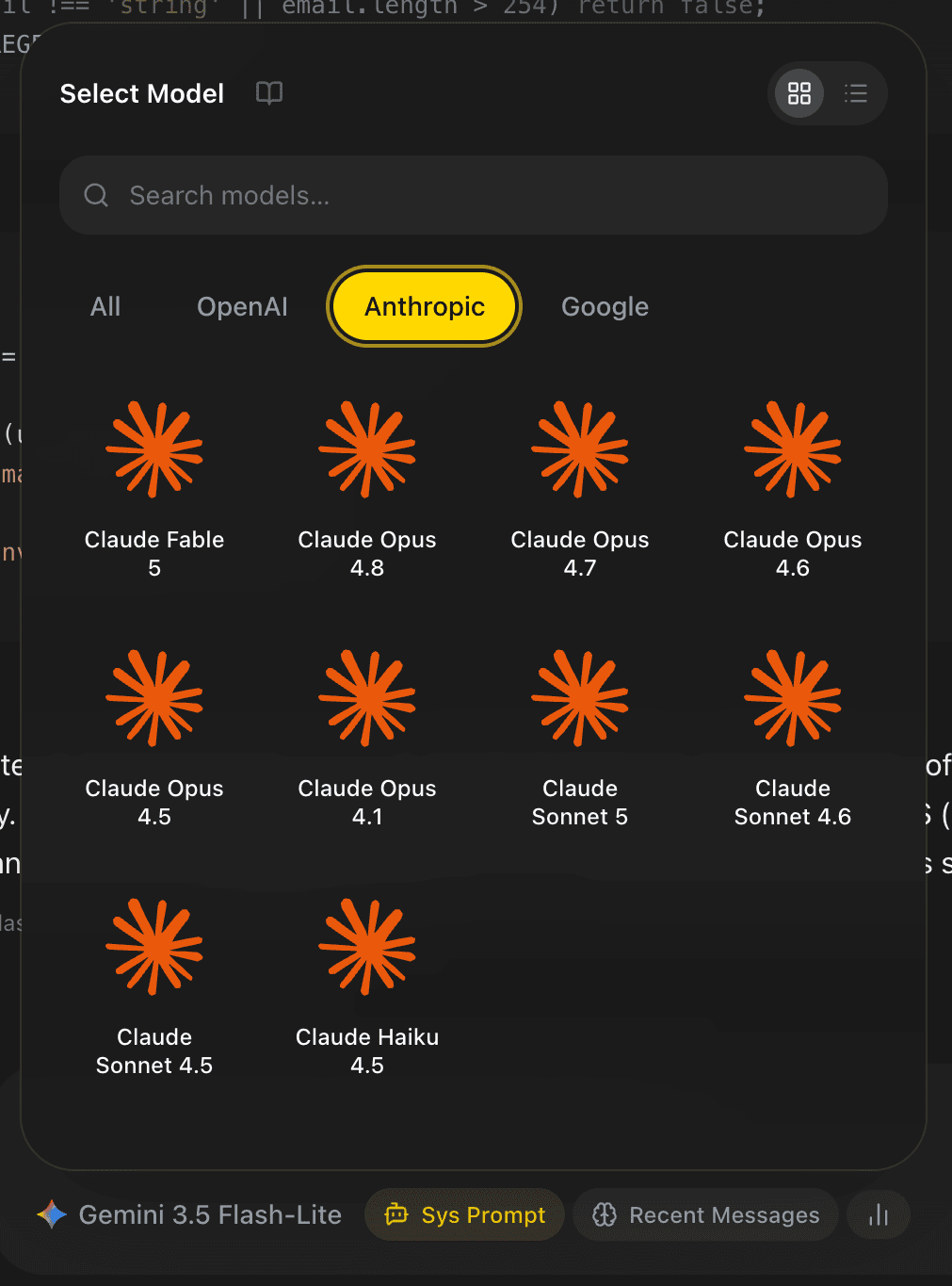 Model selector grid view.