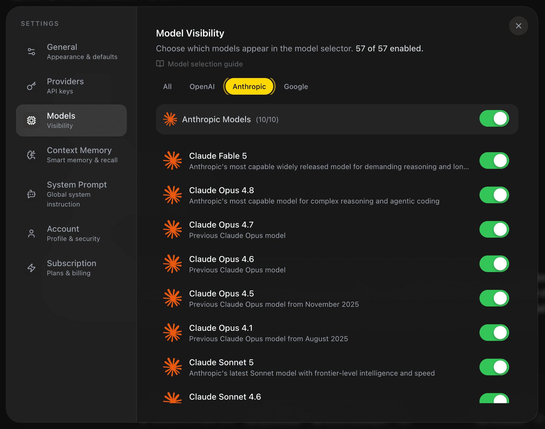 EidoStack Settings > Models page showing enabled models.