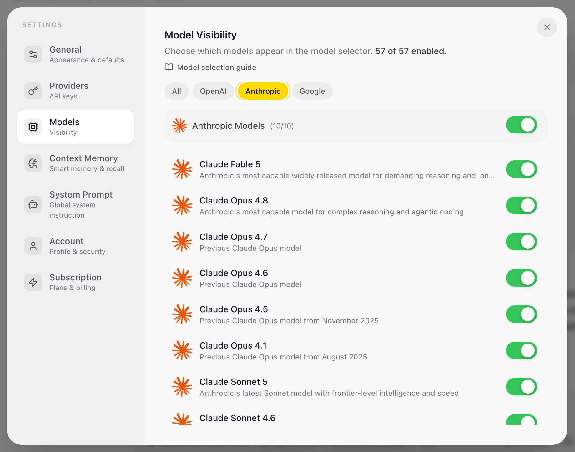 EidoStack Settings > Models page showing enabled models.