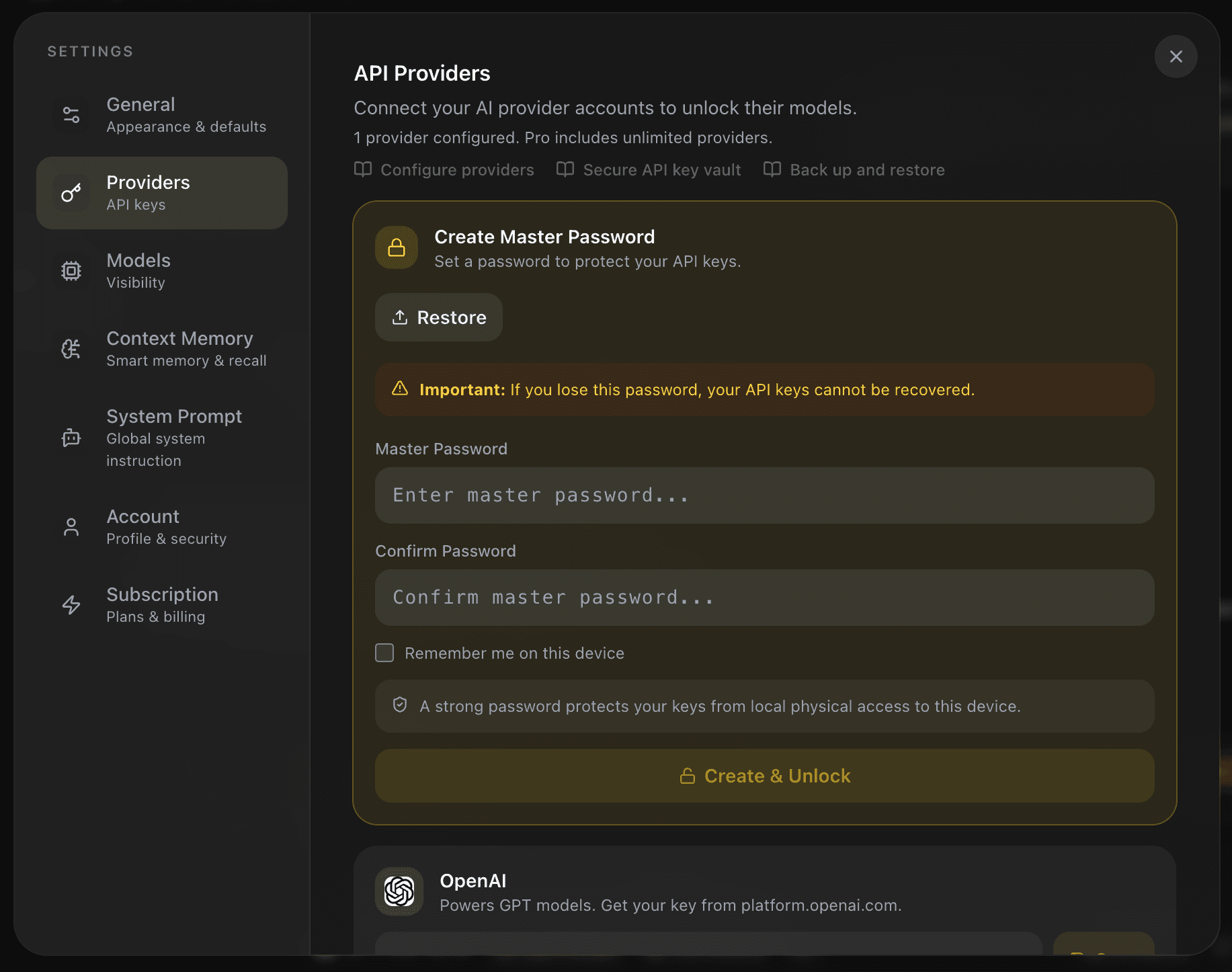 EidoStack Settings page with the Providers section selected.