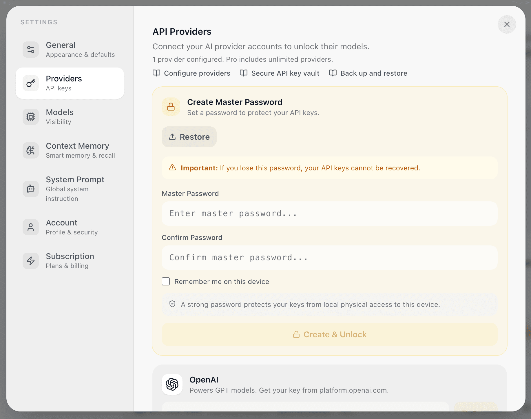 EidoStack Settings page with the Providers section selected.
