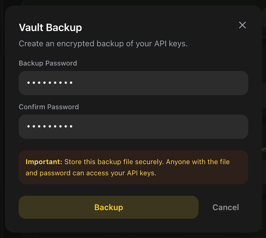 EidoStack backup password form showing the password and confirmation fields.
