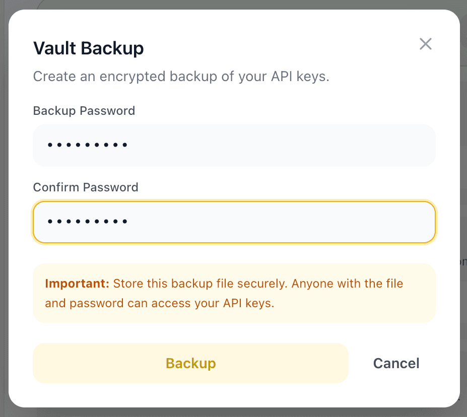EidoStack backup password form showing the password and confirmation fields.