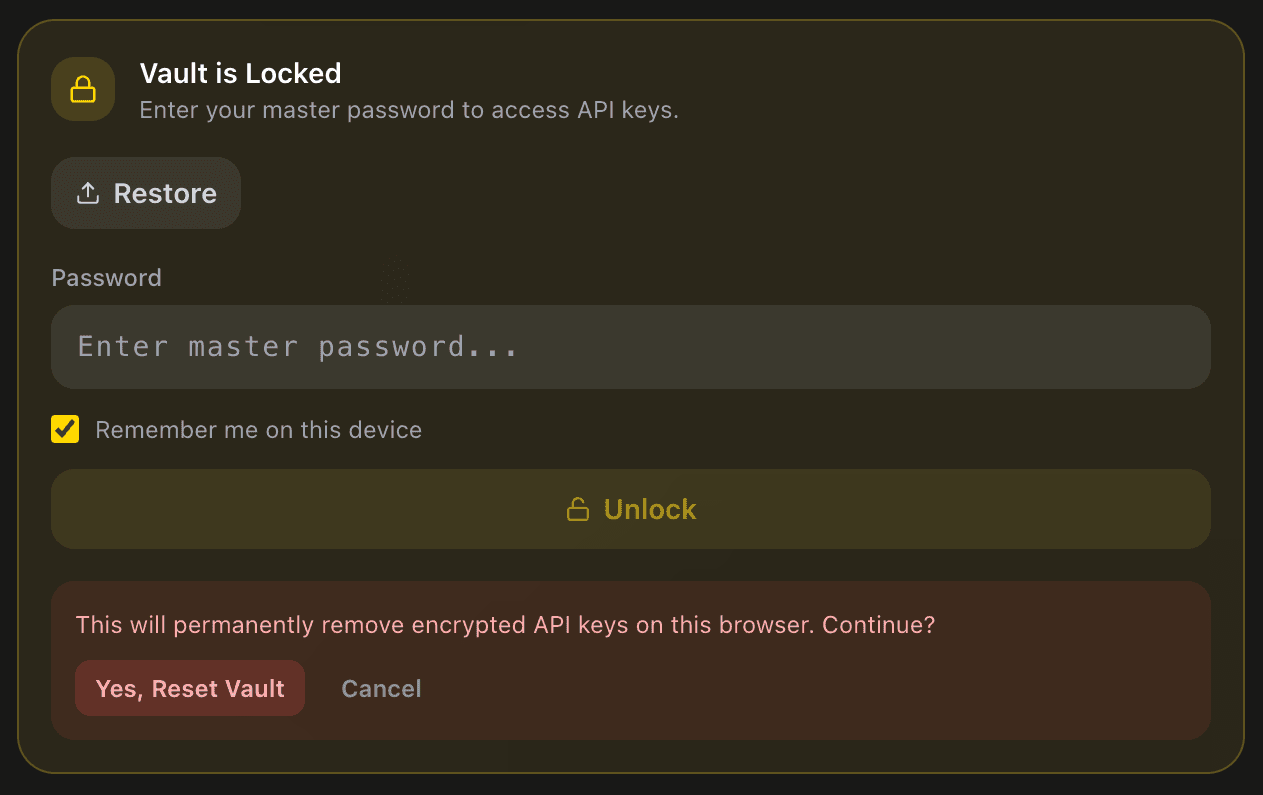 EidoStack Providers settings showing the vault reset confirmation controls.