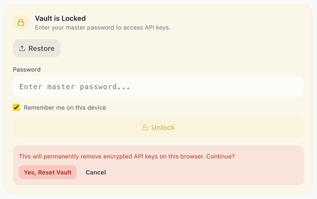 EidoStack Providers settings showing the vault reset confirmation controls.