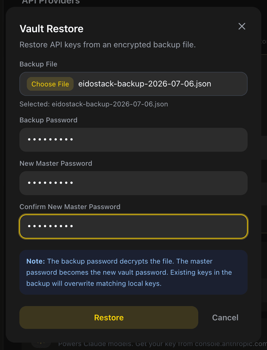 EidoStack restore dialog for selecting a vault backup file.