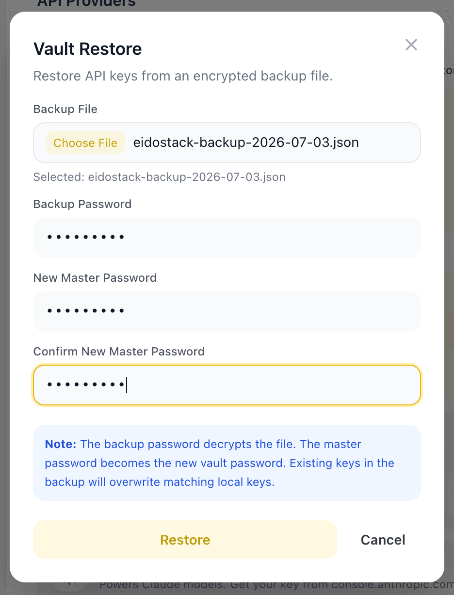 EidoStack restore dialog for selecting a vault backup file.