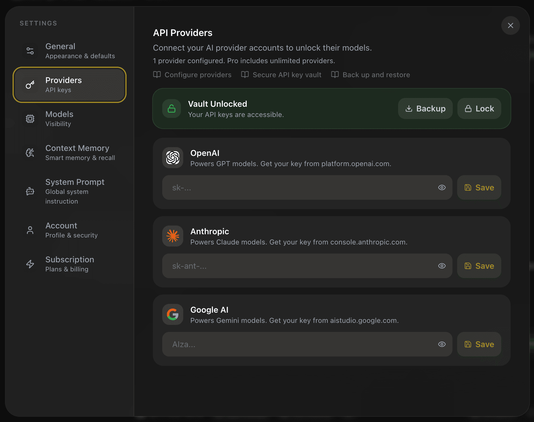 EidoStack Providers settings showing the unlocked vault and backup controls.