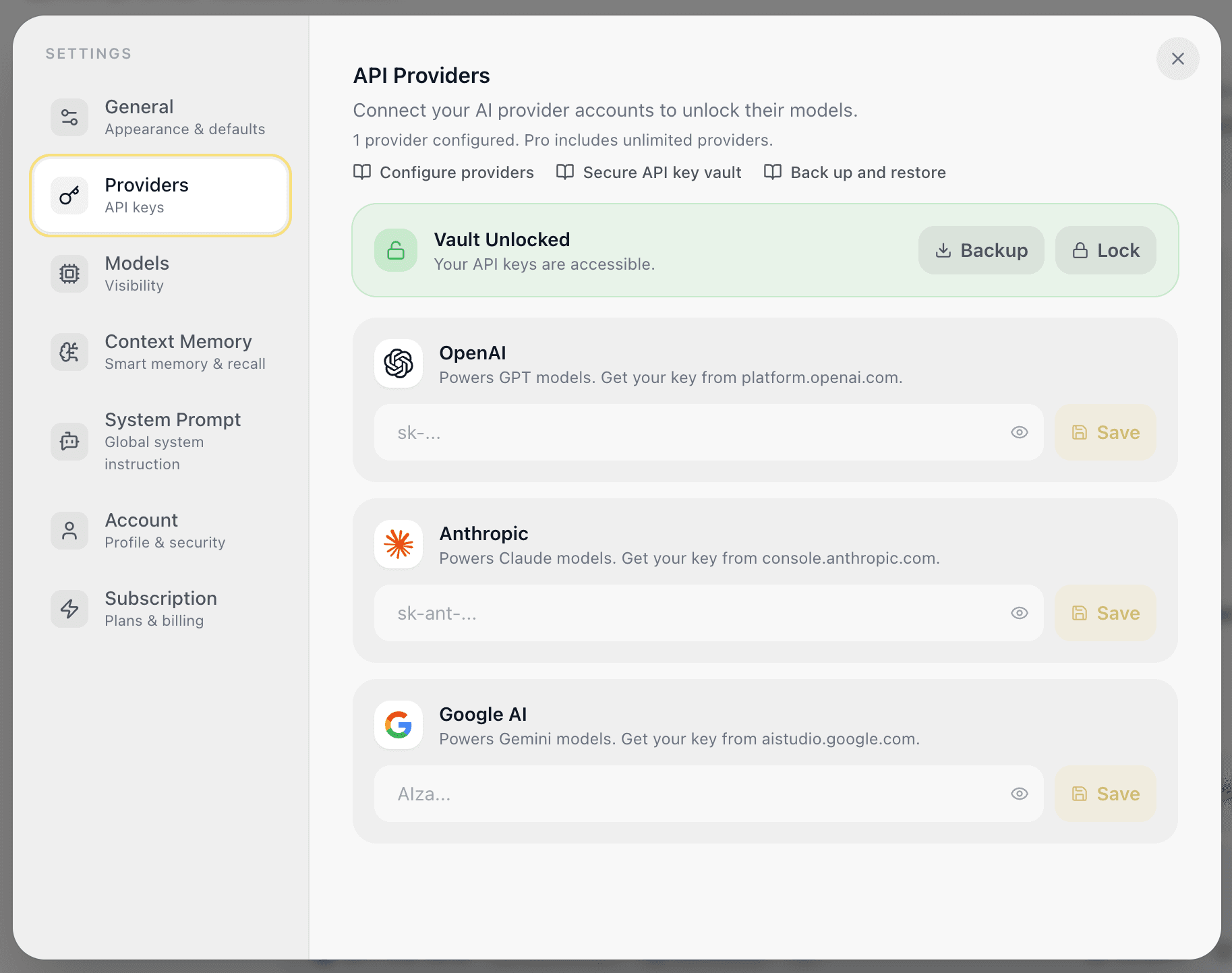 EidoStack Providers settings showing the unlocked vault and backup controls.