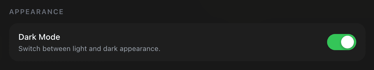 EidoStack General preferences Appearance section showing the Dark Mode switch.