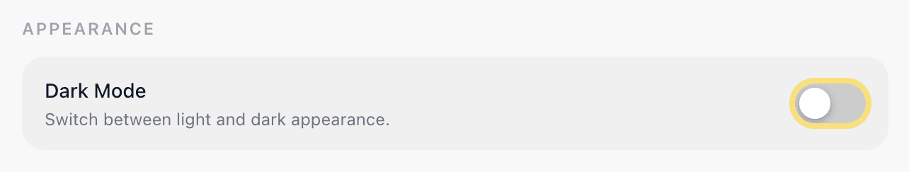EidoStack General preferences Appearance section showing the Dark Mode switch.