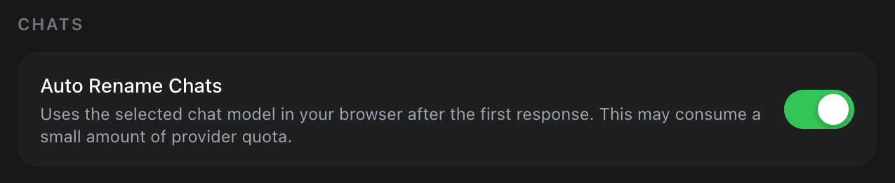 EidoStack General preferences Chats section showing the Auto Rename Chats setting.