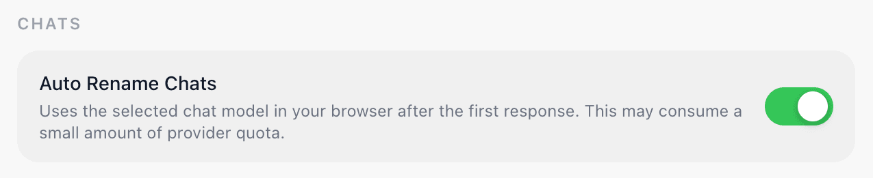 EidoStack General preferences Chats section showing the Auto Rename Chats setting.