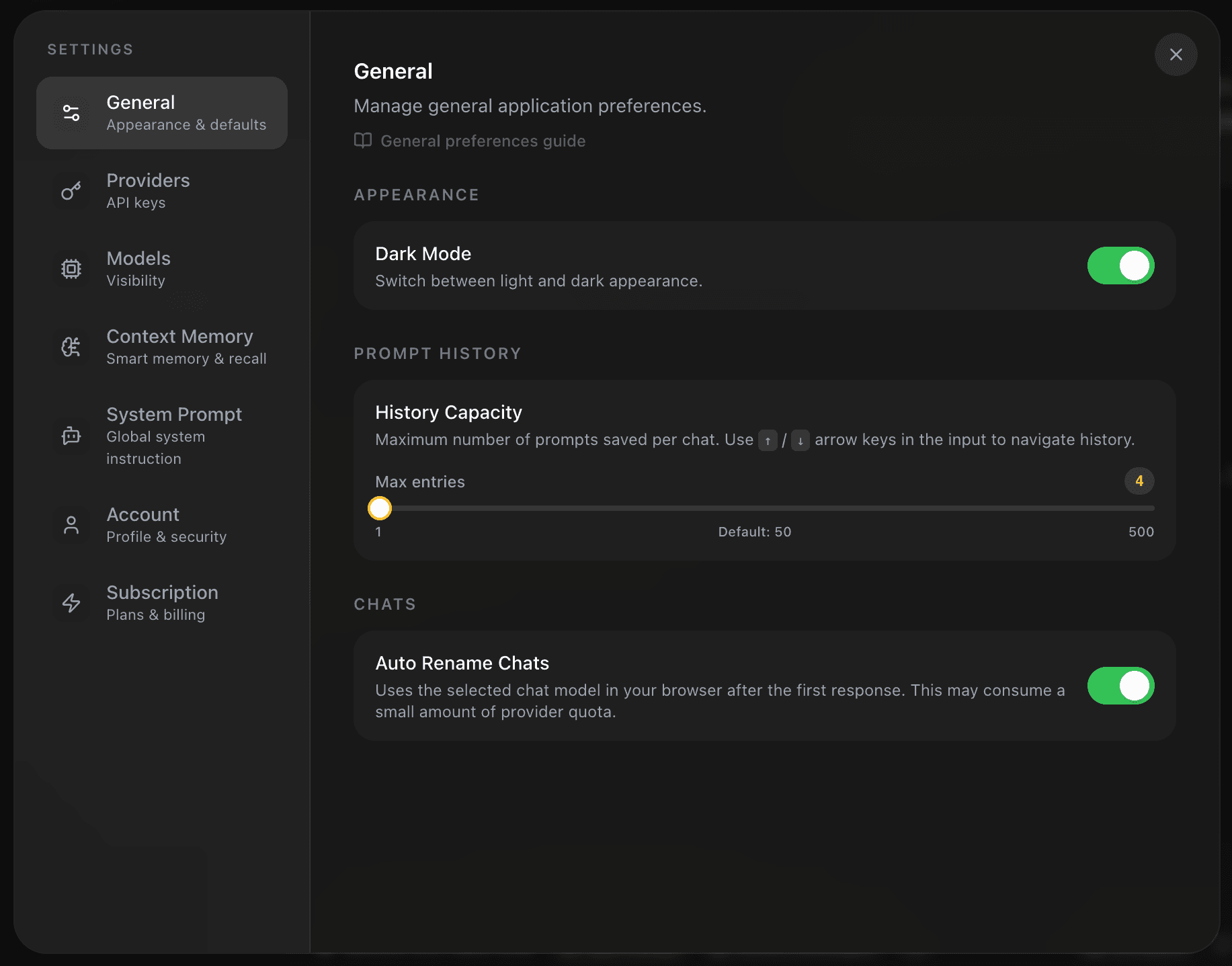 EidoStack General preferences settings page showing Appearance, History Capacity, and Auto Rename Chats controls.