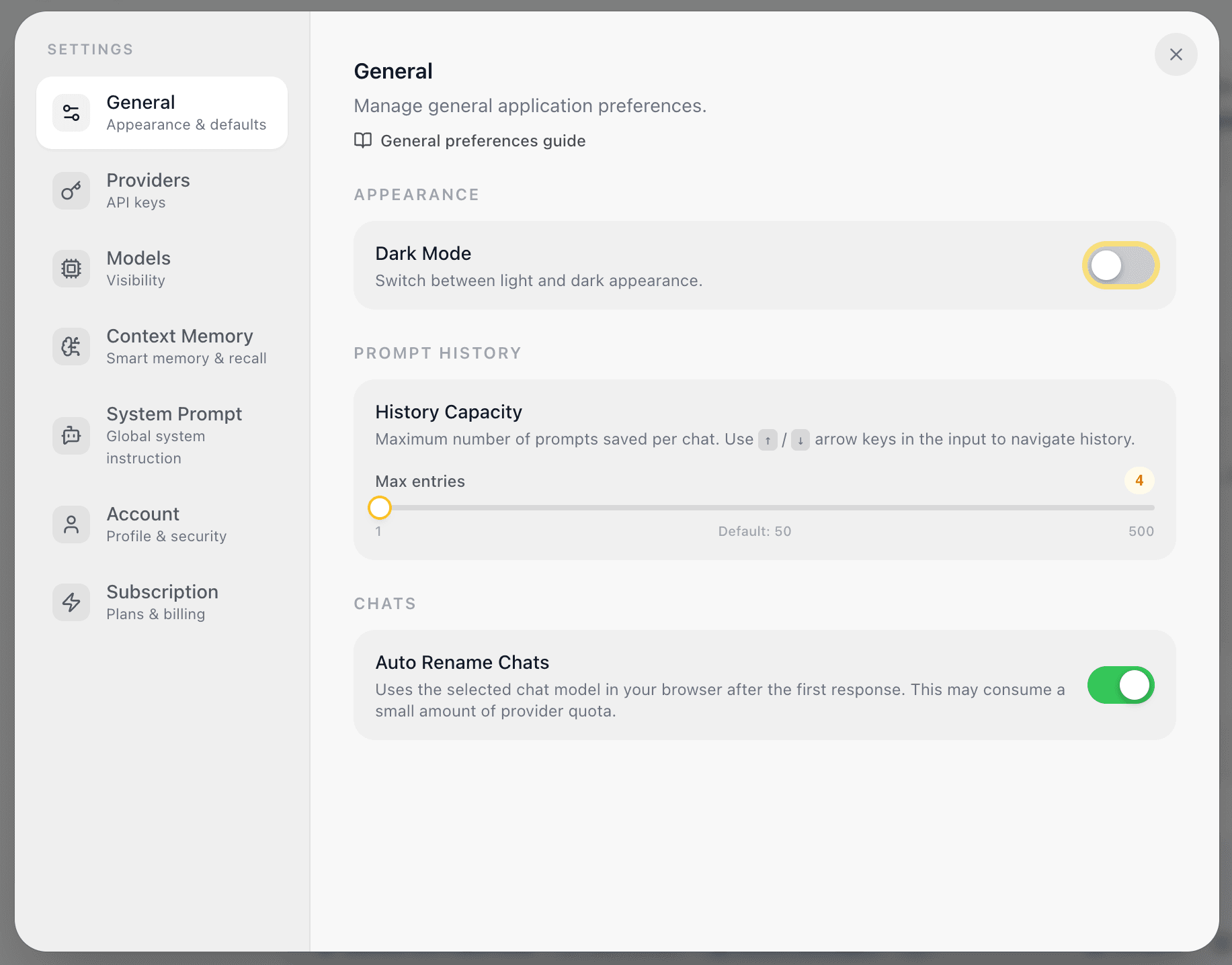 EidoStack General preferences settings page showing Appearance, History Capacity, and Auto Rename Chats controls.