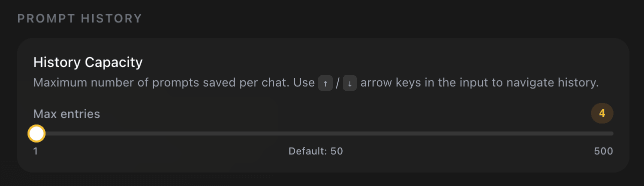 EidoStack General preferences History Capacity section showing the prompt-history limit control.
