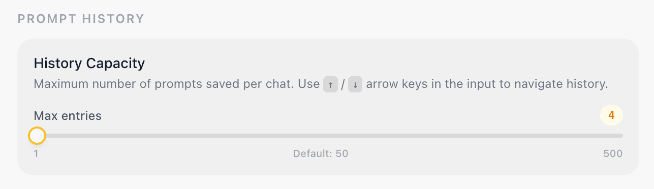 EidoStack General preferences History Capacity section showing the prompt-history limit control.