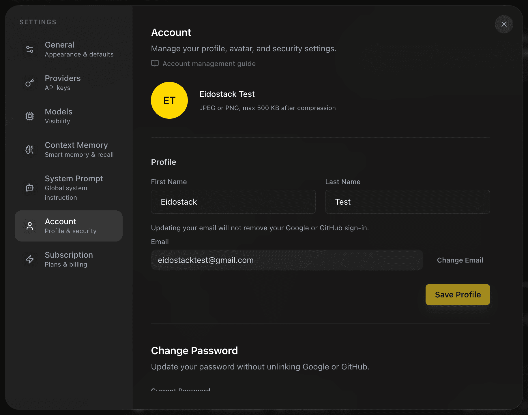 EidoStack Account settings showing profile, email, password, and linked sign-in account controls.