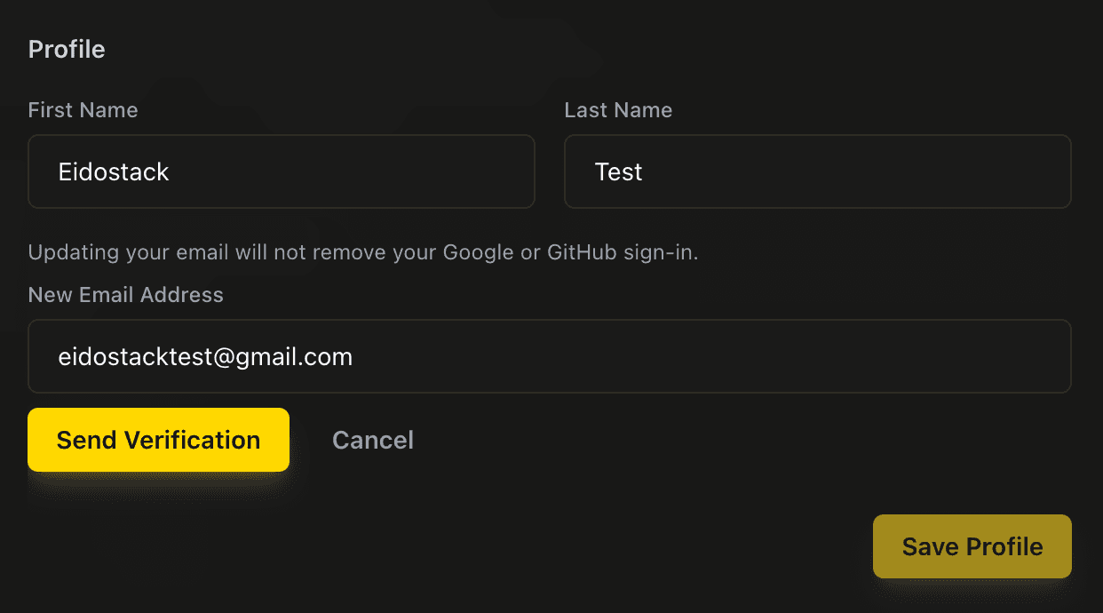 EidoStack Profile settings showing the email-change area.