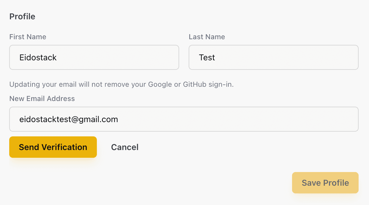 EidoStack Profile settings showing the email-change area.