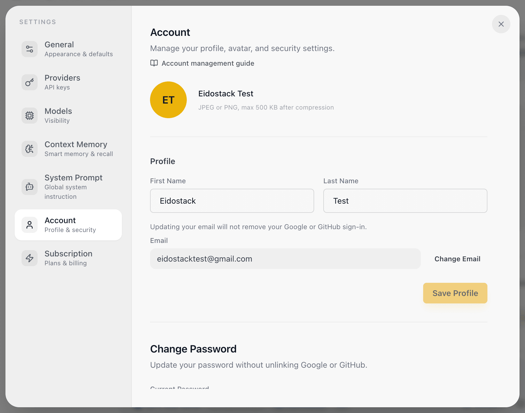 EidoStack Account settings showing profile, email, password, and linked sign-in account controls.