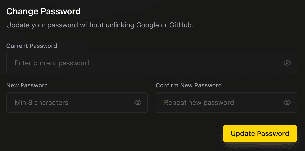 EidoStack password settings showing the change-password fields and actions.