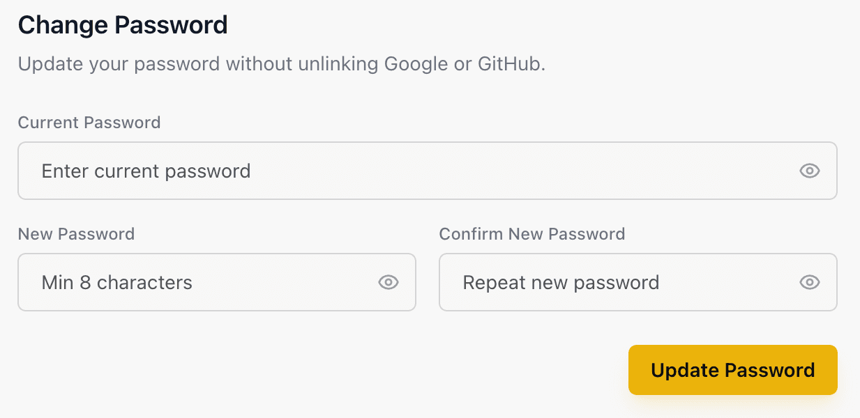 EidoStack password settings showing the change-password fields and actions.